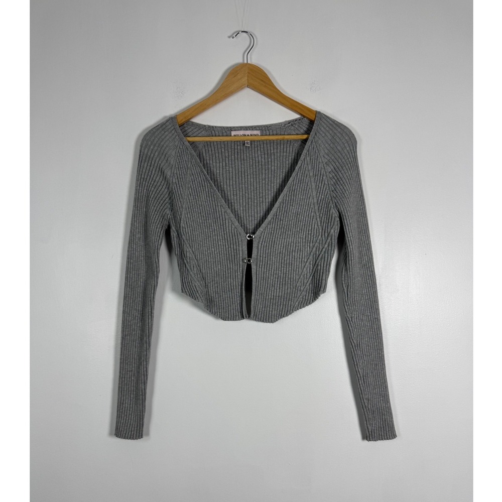Minimalist Willow & Wind Women Large Crop Cardigan Grey Hook Eye Ribbed Knit Top